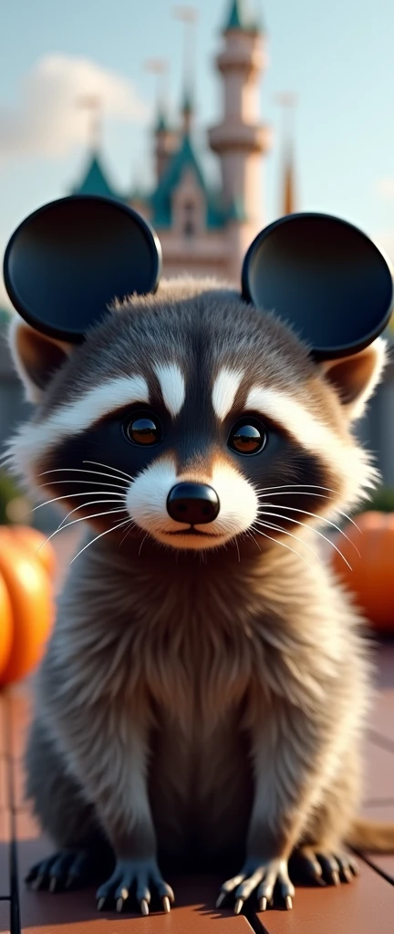 A captivating photograph of a cute extra fluffy realistic raccoon wearin plastic black mickey mouse ears, Walt Disney castle background, halloween style, conceptual art, 3d render, photo