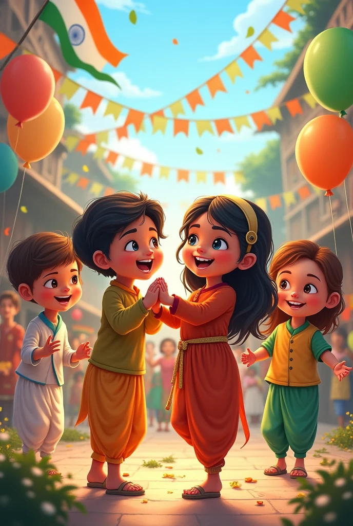 Create a never build/orginated/created a cartoon like image that contains childrens celebrating Indian independence day with colours and balloons including major religions. Write a text at the upper header of happy independence day 