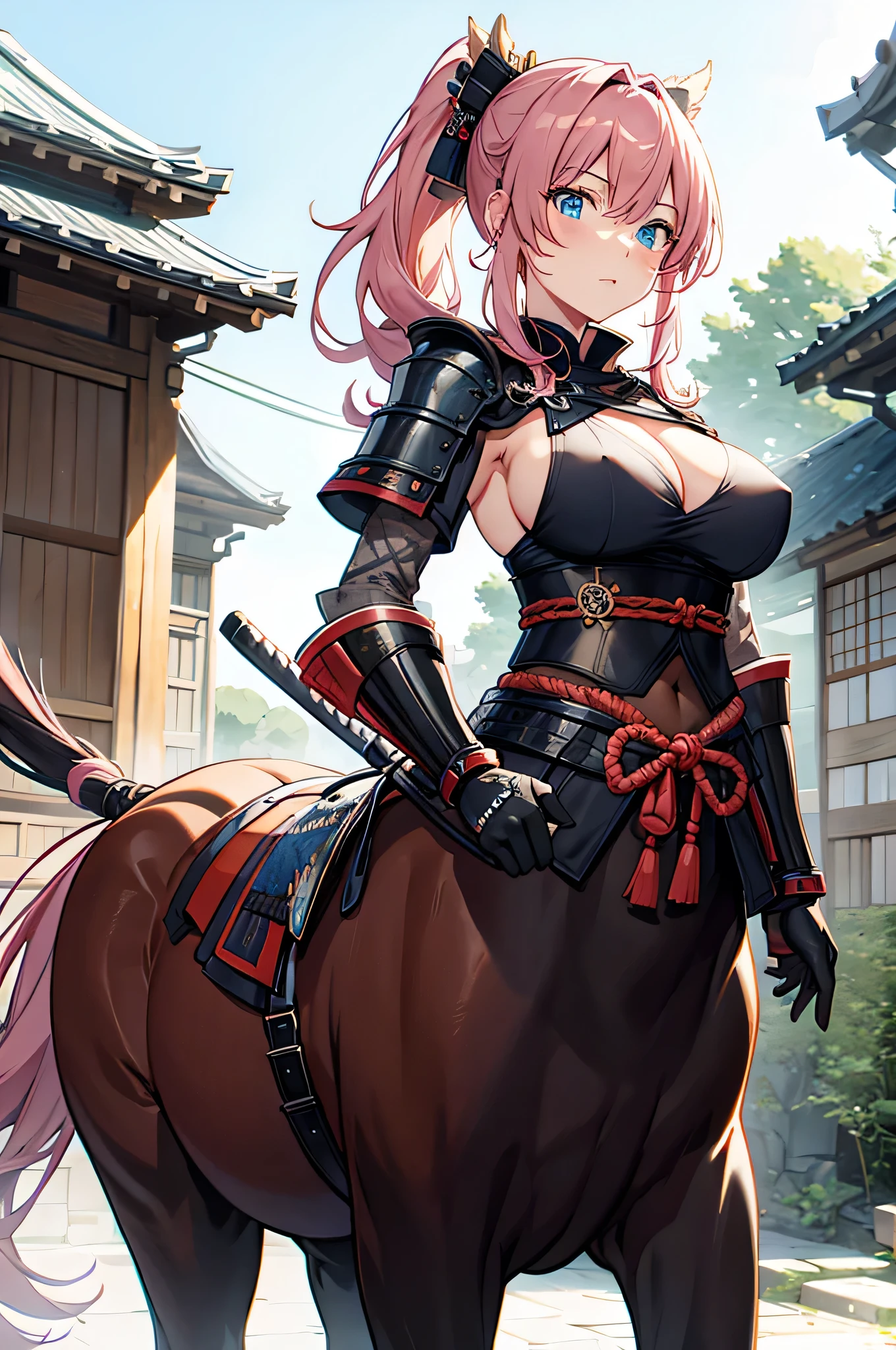 4K,High resolution,One Woman,centaur,Pink Hair,Long Ponytail,Blue eyes,Big Breasts,Brown fur,Samurai,白色のSamuraiの鎧,Sideboob,Full Armor,White gloves,hair band,Jewelry decoration,Japanese sword,Medieval town