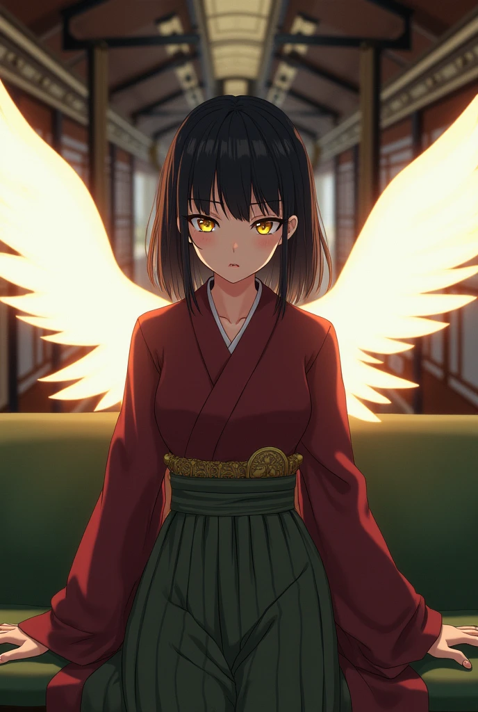 Anime, Japanese, kimono, yellow eyes, black hair, translucent white wings behind, maroon clothes, olive green hakama, female, large breasts "short hair" Olive green seats facing sideways Inside the train Wooden walls