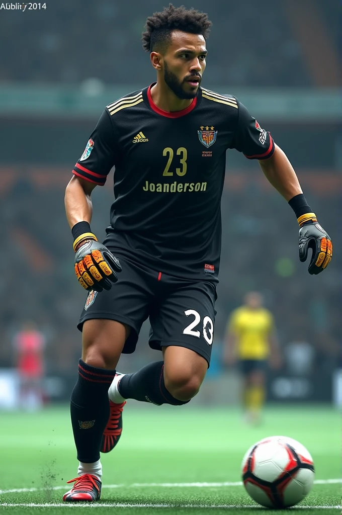 The goalkeeper on a Futsal court wearing a black uniform with the number 23 and the name Joanderson on the jersey.