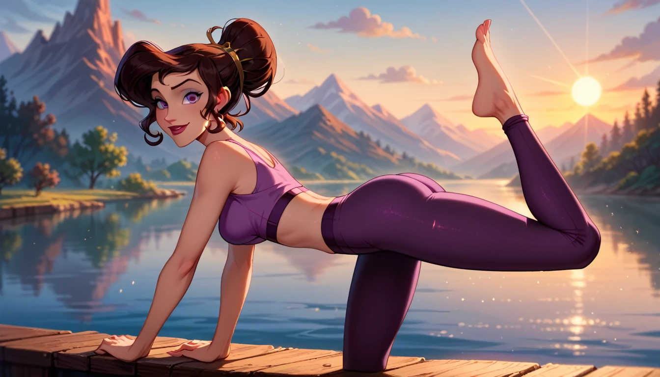 score_9, score_8_up, score_7_up, score_6_up, cinematic film still, solo, on her own, 1girl (Disney's Megara, m_ra, brown hair, purple eyes, ponyail:1.3), lake bled background, stretching exercises, wearing (tight purple butt scrunch gym leggings and crop top:1.4), subtle smile, (cinematic lighting:1.2),, (sunset:1.2), shallow depth of field, vignette, highly detailed, high budget, bokeh, cinemascope, moody, epic, gorgeous, film grain, grainy.