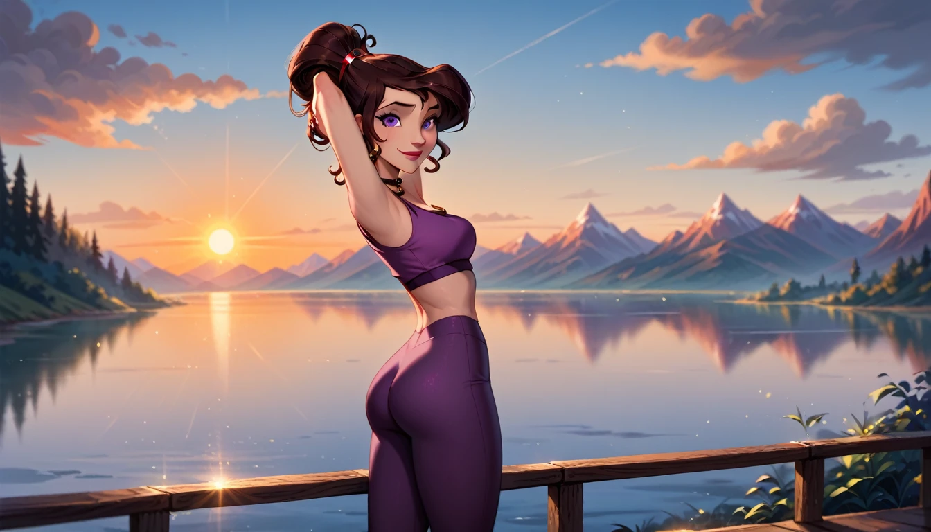 score_9, score_8_up, score_7_up, score_6_up, cinematic film still, solo, on her own, 1girl (Disney's Megara, m_ra, brown hair, purple eyes, ponyail:1.3), lake bled background, stretching exercises, wearing (tight purple butt scrunch gym leggings and crop top:1.4), subtle smile, (cinematic lighting:1.2),, (sunset:1.2), shallow depth of field, vignette, highly detailed, high budget, bokeh, cinemascope, moody, epic, gorgeous, film grain, grainy.