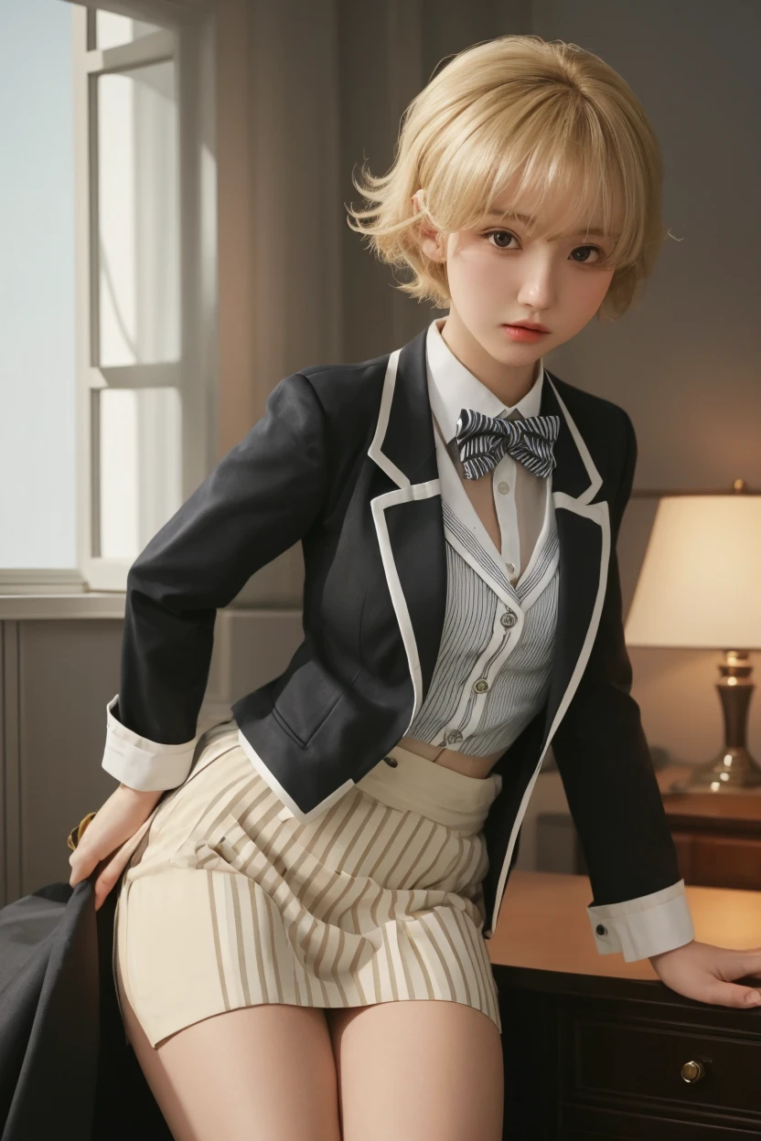 ((full body)), ((realistic)), ((Front Shooting)), ((Sit Pose, sitting on the classroom desk)), inside a classroom, 1girll, Asian model, curlies, Beautiful hair accessories, Brownish-yellow hair,((Black vest, neck bowtie, Short white skirt)), Campus style, (warm lights, a warm color palette), Detailed details, ultra-detailliert, (tmasterpiece, best qualtiy), (An extremely delicate and beautiful work), Delicate earrings, Simple blurred background, Extreme detail description, Ultra-fine painting, Delicate face, slim toned body, 鎖骨