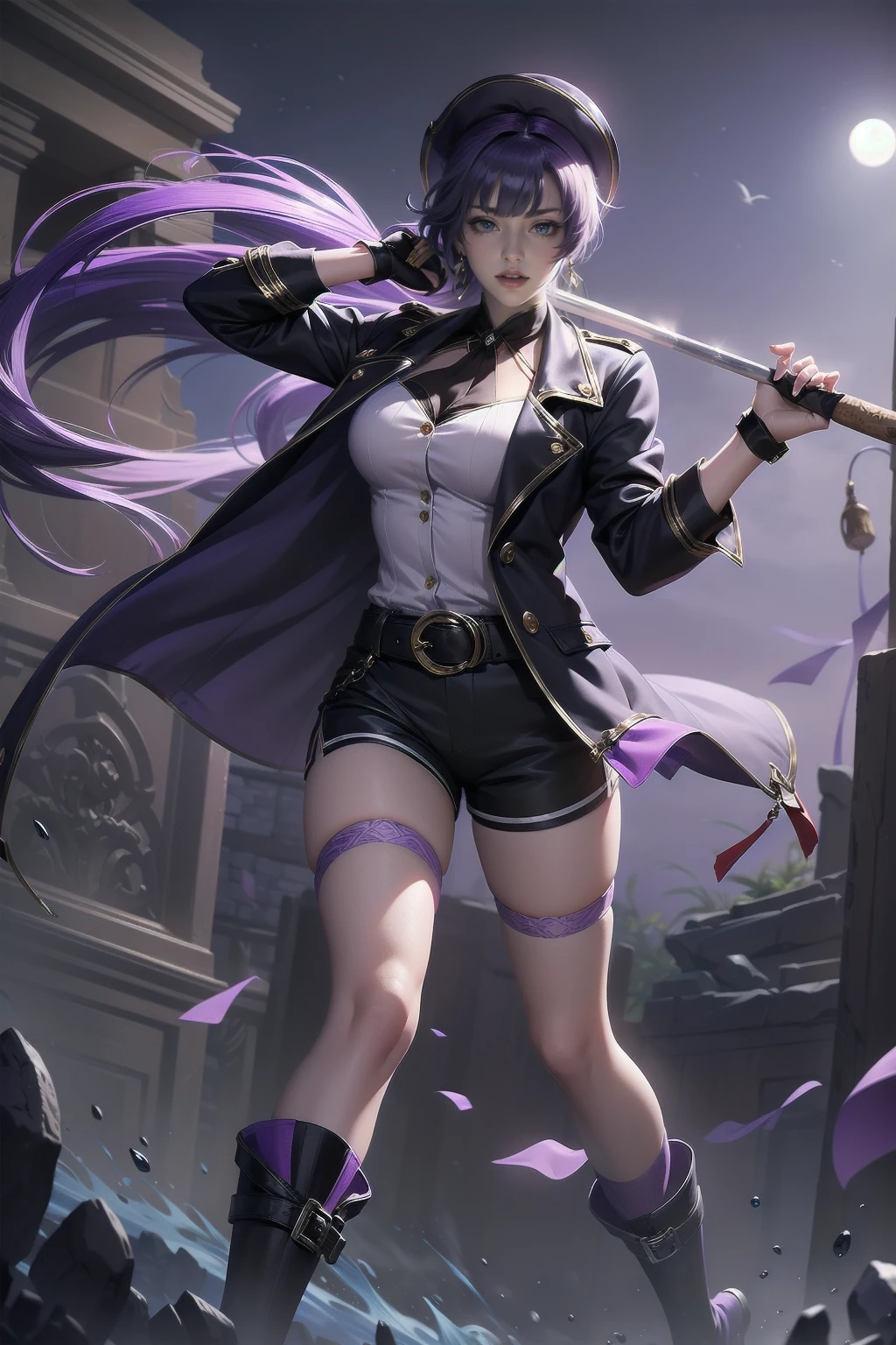 Anime Art、Full body portrait、Modern Street Killer、Moonlit Ruins、Tall Woman, Height: approx. 175cm, Around 20 years old, Wearing a black jacket and shorts, Holding a baseball bat and swinging it、Black socks、Short Medium Hairstyles、The eyes are covered by the bangs、Purple Hair、Wearing a red hat、Open-mouthed, intimidating smile、Purple eyes、gloves、stockings、boots、She has silver earrings in her ears
