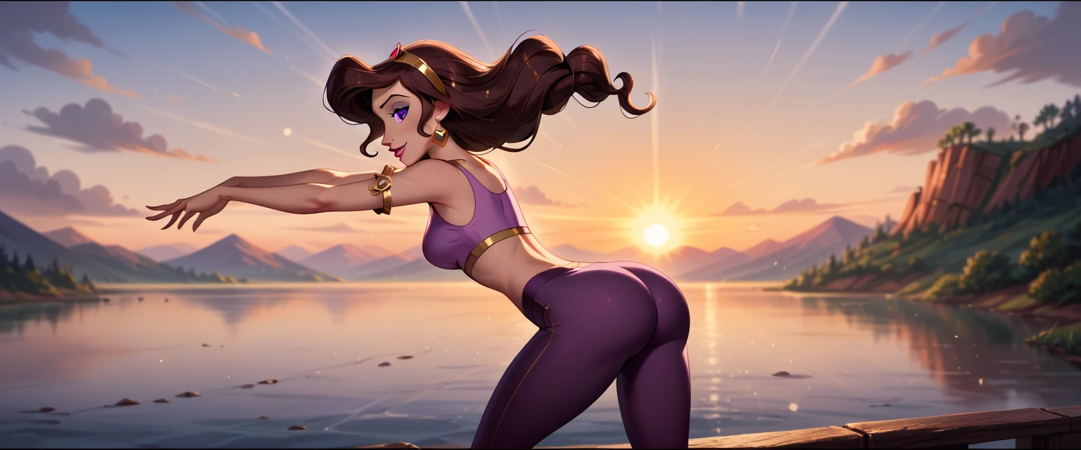 score_9, score_8_up, score_7_up, score_6_up, cinematic film still, solo, on her own, 1girl (Disney's Megara, m_ra, brown hair, purple eyes, ponyail:1.3), lake bled background, stretching exercises, wearing (tight purple butt scrunch gym leggings and crop top:1.4), subtle smile, (cinematic lighting:1.2),, (sunset:1.2), shallow depth of field, vignette, highly detailed, high budget, bokeh, cinemascope, moody, epic, gorgeous, film grain, grainy.