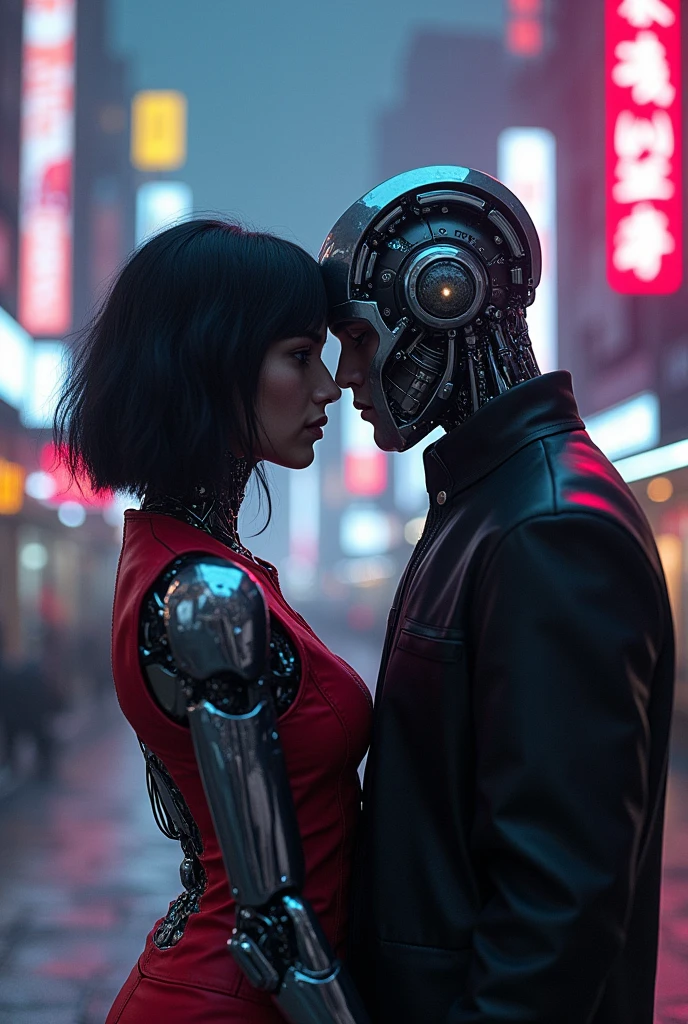 Here is a short story that focuses on the relationship between female and male cyborgs:
In a dystopian, neon-lit metropolis of the future, Amanda, a metal-framed cyborg beneath her skin, wandered the streets in search of her destiny. Her mechanical limbs glittered under the lights of the city's signage, giving her a menacing yet mesmerizing appearance.
One day she met Max, a cyborg like herself, with eyes skillfully embedded in his cybernetic face. A dialog ensued between them, full of distrust and wariness inherent in their artificial natures. But gradually, under the influence of an inevitable attraction, they began to blur the boundaries between the human and the mechanical, realizing that their relationship could become something more.
Going through endless trials and obstacles, prepared for them by the world, where technology dominated over nature, Amanda and Max learned to trust each other, discovering new facets of themselves, inaccessible to ordinary people. Their union grew stronger and stronger, as if they were two halves of the same whole, perfectly complementing each other.
Together they challenged the cruel reality, in which the mechanical outnumbered the organic, and believed that their love could overcome any obstacles erected by this cold, ruthless world.
