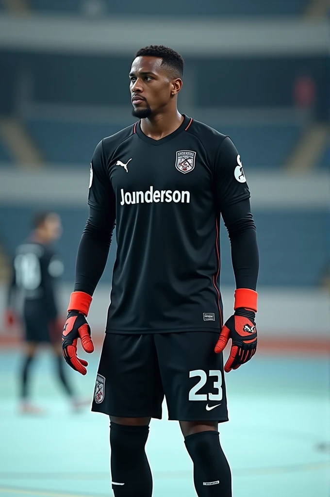 The Goalkeeper is on a Futsal court wearing a black uniform with the number 23 and the name Joanderson on the shirt
