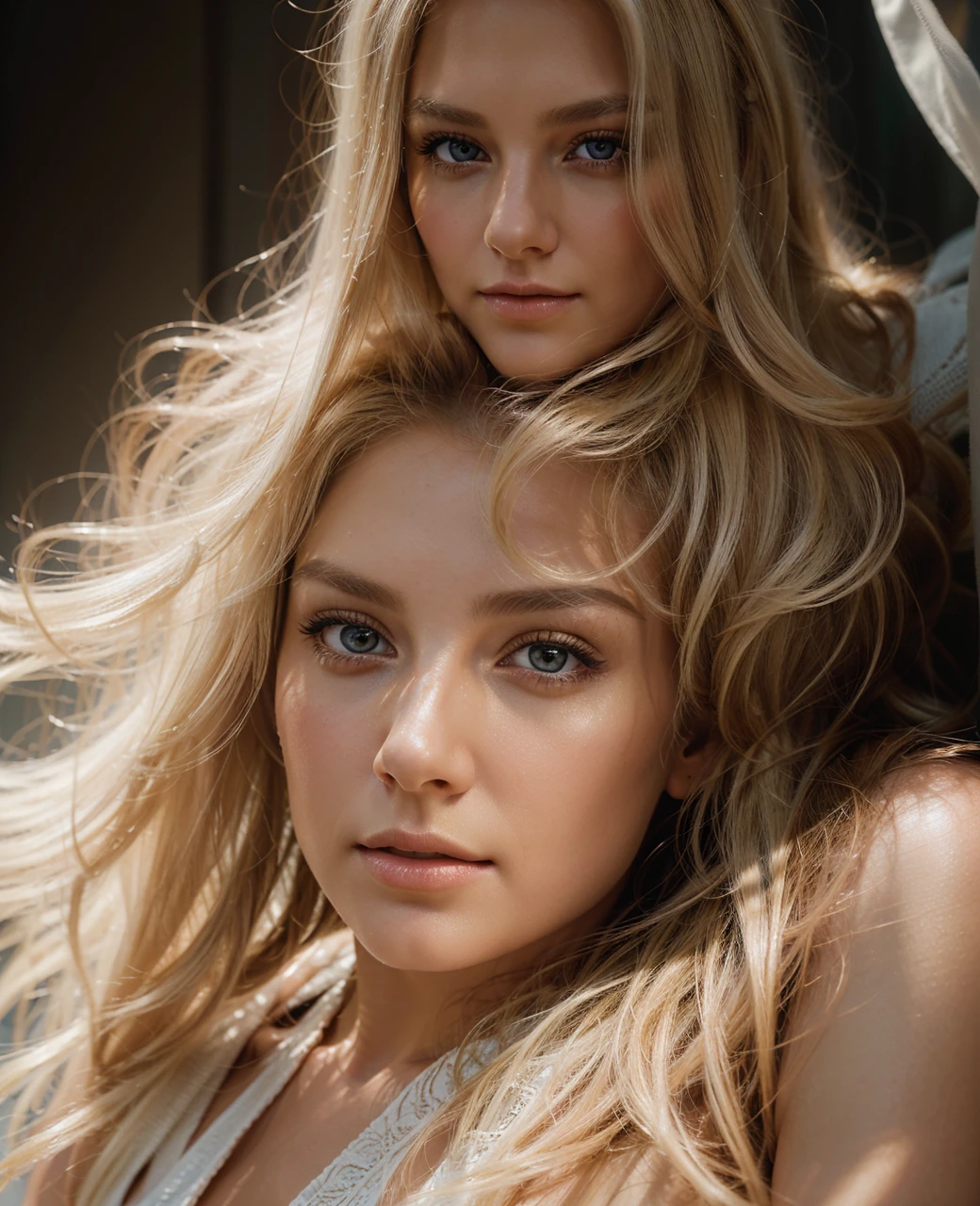 realistic photo of a 17-year-old girl, beautiful face, cute appearance, long wavy blonde hair with bangs, freckles, in an off-shoulder dress, standing in an old church, relaxed expression, brimming with emotion, interplay of contrast along with detailed light and shadow, depth of field, dark atmosphere with candlelight scenario,