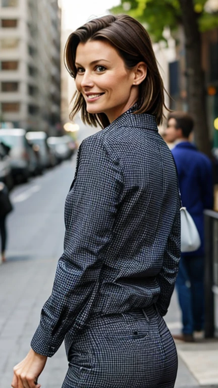 Bridget Moynahan showing her butt in sexy checked clothes and smiling