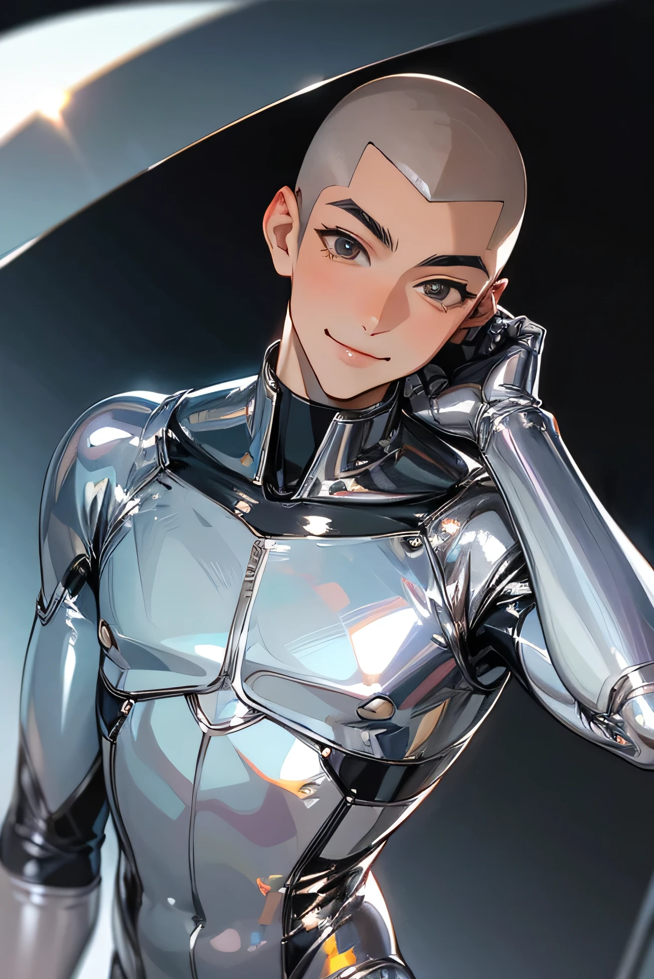 Handsome Japanese male models　　Black Hair　　 Shaved head　　　　　Kawaii Boy 　　smile　　　looking at the camera　Shiny full-body silver suit　　　Shiny silver latex suit　　　future　Metal Body　　 Upper body close-up