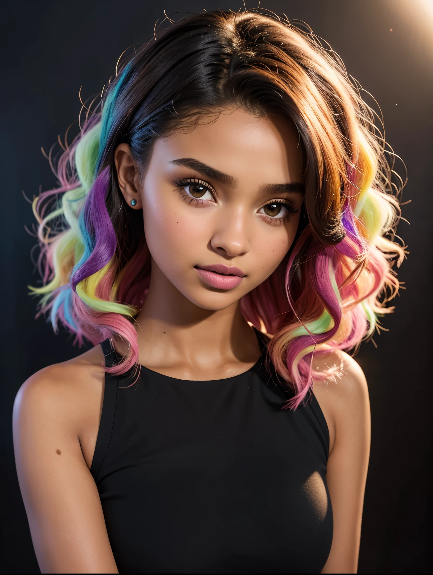 (beautiful girl, Yara Shahidi, Laura Harrier, KIKI Layne, Kylie Jenner, Deepika Padukone, Ariana Grande, Loren Gray, 18 years), ((big round breasts)), plaited hair, (plain background, HDR, 8K, vivid, vibrant, detailed: 1.4), (hyper realistic, movie graphics), Extremely Realistic, Realism, Portrait, Raw photo, Photography, Photorealism, Photoshoot,