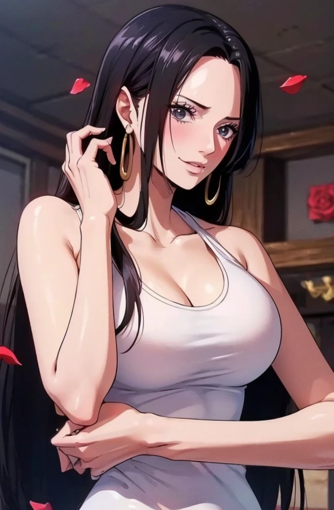 best quality, Masterpiece, Highly detailed,1 girl, ((rose)), (vine), cage, bandage, Red Rope, (detailed lighting), falling rose petals, Boa Hancock, (no:1.5), (Masterpiece:1.5), Detailed photos, smile, sexy, (8K, realistic, best quality: 1.4), (1 girl), beautiful Face, (realistic anime face), (black hair, long hair: 1.3), beautiful Hairstyle, realistic eyes, ดวงตาที่มีรายละเอียดbeautifulงาม, (white skin), ผิวbeautiful, nonsense, charming, Ultra high resolution, ultra realistic, high definition, golden ratio, (sexual arousal:1.5), Pinkish white skin, cool white light, ท่าsexy, beautiful , white background, cool white lightสีชมพู, Wear a white tank top.