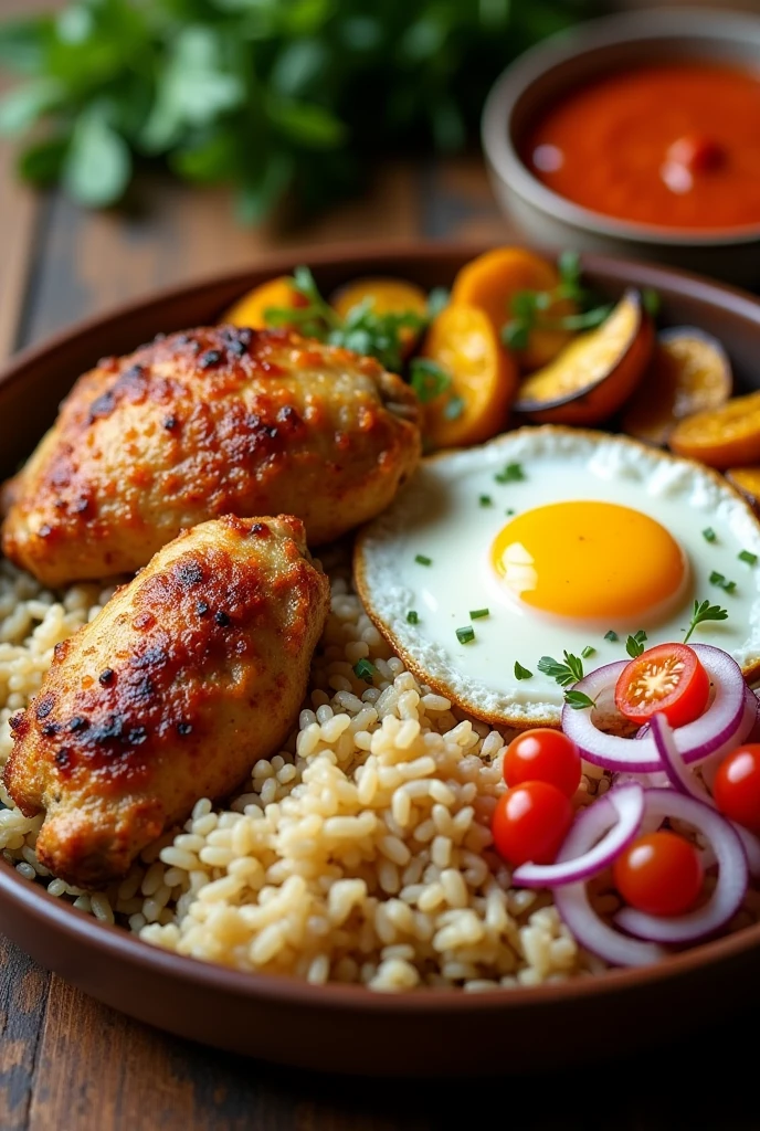 Food dish with roasted chicken, fried egg, rice, vegetable with squash, tomato and onion salad