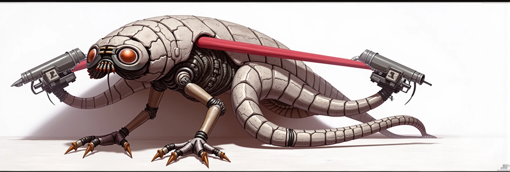 masterpiece，best quality，Large size，A half-flesh, half-machine creature，Covered externally by hard white bone plates，These plates cover the main parts of its body，Forming a protective layer similar to armor。These plates have obvious gaps and cracks，Showing the activity of the internal mechanical and biological parts，Structures similar to human limbs，Each joint has multiple mechanical and biological interfaces，Claws on the ends of its limbs，A head resembling that of an insect，Amber-colored compound eyes on its head，Huge cannons on its body，Reptile-like body shape