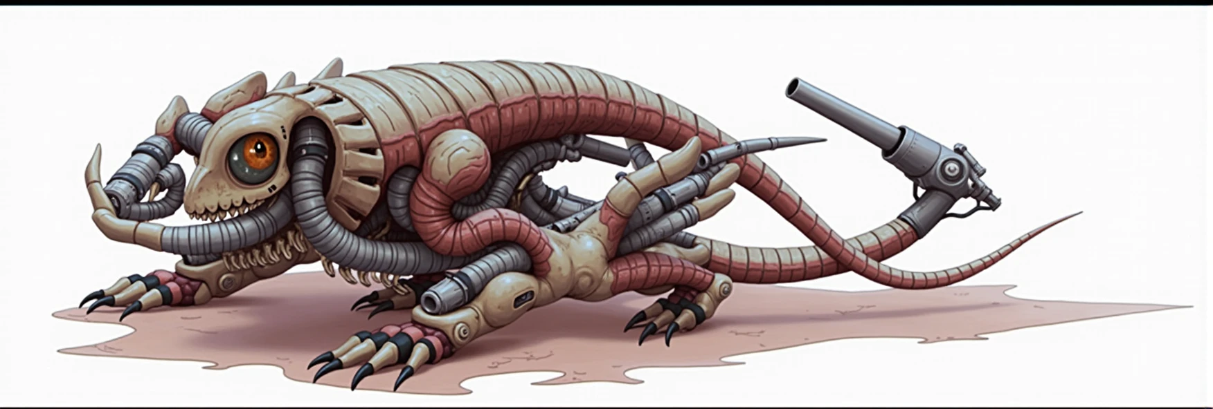 masterpiece，best quality，Large size，A half-flesh, half-machine creature，Covered externally by hard white bone plates，These plates cover the main parts of its body，Forming a protective layer similar to armor。These plates have obvious gaps and cracks，Showing the activity of the internal mechanical and biological parts，Structures similar to human limbs，Each joint has multiple mechanical and biological interfaces，Claws on the ends of its limbs，A head resembling that of an insect，Amber-colored compound eyes on its head，Huge cannons on its body，Reptile-like body shape