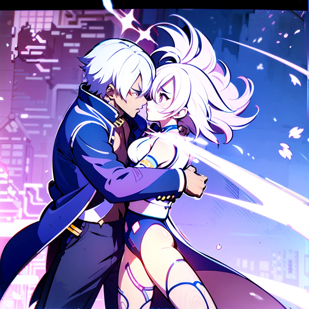 (1boy and 1girl, masterpiece, 16k ultra-fine quality) A Dark skinned young anime man, side swept silver hair, fiery light blue eyes, producing blue fire out of his fist, wearing a blue combat trench coat over a black tank top with black slacks and a chain on the hip, steel necklace with a blue dragon pendant around his neck, with sleeves rolled up to his elbows, sharing a kiss with a cheerful Dark skinned anime girl with long white rabbit ears, cherry blossoms petals  surrounding her, wearing a pink kimono with Sakura flowers printed on it, white fishnet stockings, snow white hair fading to neon pink. gorgeous tan skin, heterochromia with a pink left eye and a blue right eye. Sakura petal tattoos on her cheeks. beautiful sexy anime pose, inspired by Bian Shoumin, official illustration, shigenori soejima illustration, anime portrait of a beautiful girl, heterochromatic eyes, official art, official character illustration, sexy anime girl with mixed white and neon pink short hair, cute girl with bunny ears, official character art, highly detailed exquisite fan art, couple sexy kissing pose