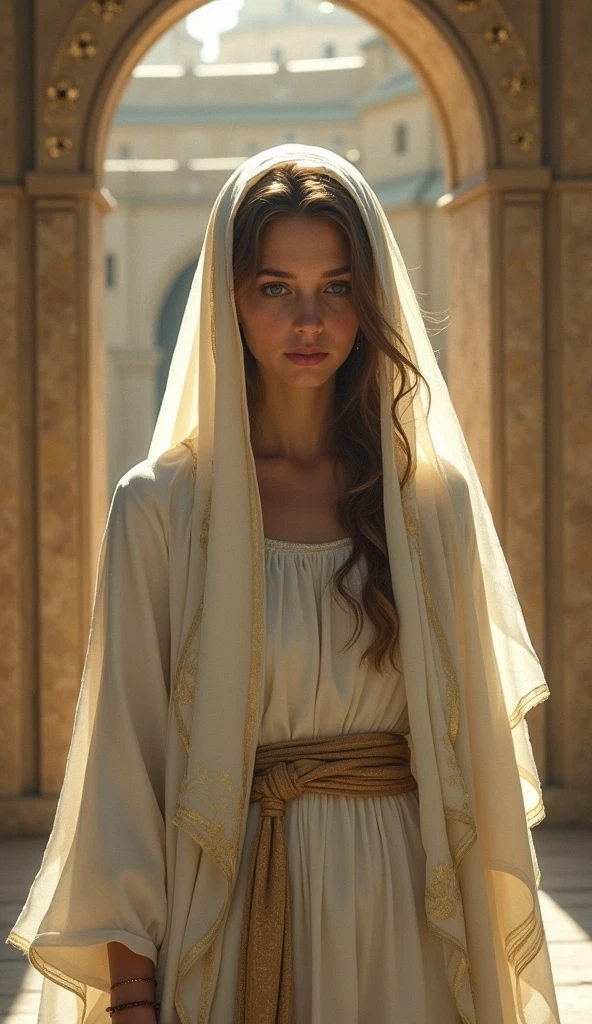 masterpiece, Highest quality, Ultra-realistic, Ultra-detailed, 8k resolution, RAW Photos, Sharp focus, (Very beautiful young Virgin Mary), Halo, alone, Gorgeous face, A gentle gaze,  Portraiture, Reddish beige tunic, Blue cloak and veil, Chapel, Cinematic, Cinematic light