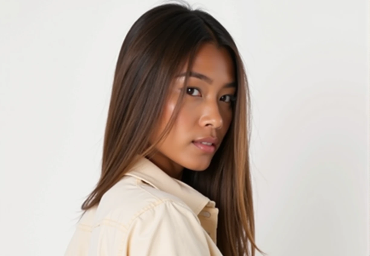 Beautiful asian woman turned to face directly at the camera, beige collared button shirt, long straight hair, perfect teeth