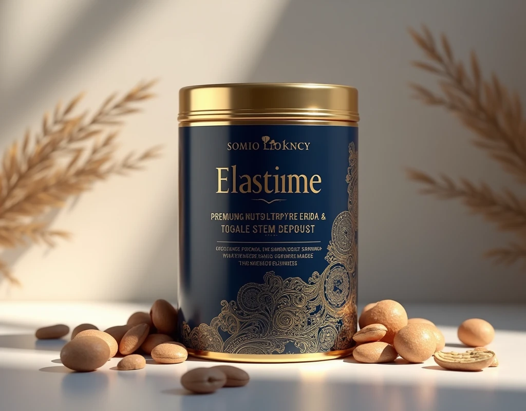 Create an image of a luxurious and eye-catching packaging design for a can of nutritional powder made from nuts, specifically targeting older adults. The packaging should highlight premium ingredients like oysters and ginseng, with elegant and sophisticated visuals. Use a rich color palette featuring deep gold, navy blue, and silver accents to convey a sense of luxury and wellness. The product name should be prominently displayed in an elegant font, along with key benefits like 'Enhances Vitality' and 'Premium Marine & Herbal Ingredients.' Include subtle, intricate patterns or metallic finishes to enhance the impression of high quality and exclusivity. The can should be set against a minimalistic, polished background that emphasizes the sophistication of the packaging.