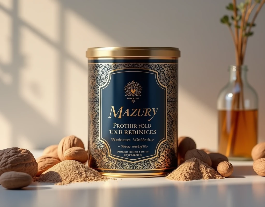 Create an image of a luxurious and eye-catching packaging design for a can of nutritional powder made from nuts, specifically targeting older adults. The packaging should highlight premium ingredients like oysters and ginseng, with elegant and sophisticated visuals. Use a rich color palette featuring deep gold, navy blue, and silver accents to convey a sense of luxury and wellness. The product name should be prominently displayed in an elegant font, along with key benefits like 'Enhances Vitality' and 'Premium Marine & Herbal Ingredients.' Include subtle, intricate patterns or metallic finishes to enhance the impression of high quality and exclusivity. The can should be set against a minimalistic, polished background that emphasizes the sophistication of the packaging.