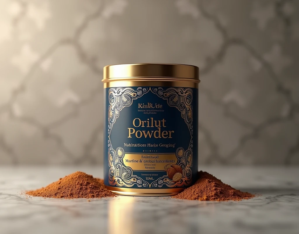 Create an image of a luxurious and eye-catching packaging design for a can of nutritional powder made from nuts, specifically targeting older adults. The packaging should highlight premium ingredients like oysters and ginseng, with elegant and sophisticated visuals. Use a rich color palette featuring deep gold, navy blue, and silver accents to convey a sense of luxury and wellness. The product name should be prominently displayed in an elegant font, along with key benefits like 'Enhances Vitality' and 'Premium Marine & Herbal Ingredients.' Include subtle, intricate patterns or metallic finishes to enhance the impression of high quality and exclusivity. The can should be set against a minimalistic, polished background that emphasizes the sophistication of the packaging.