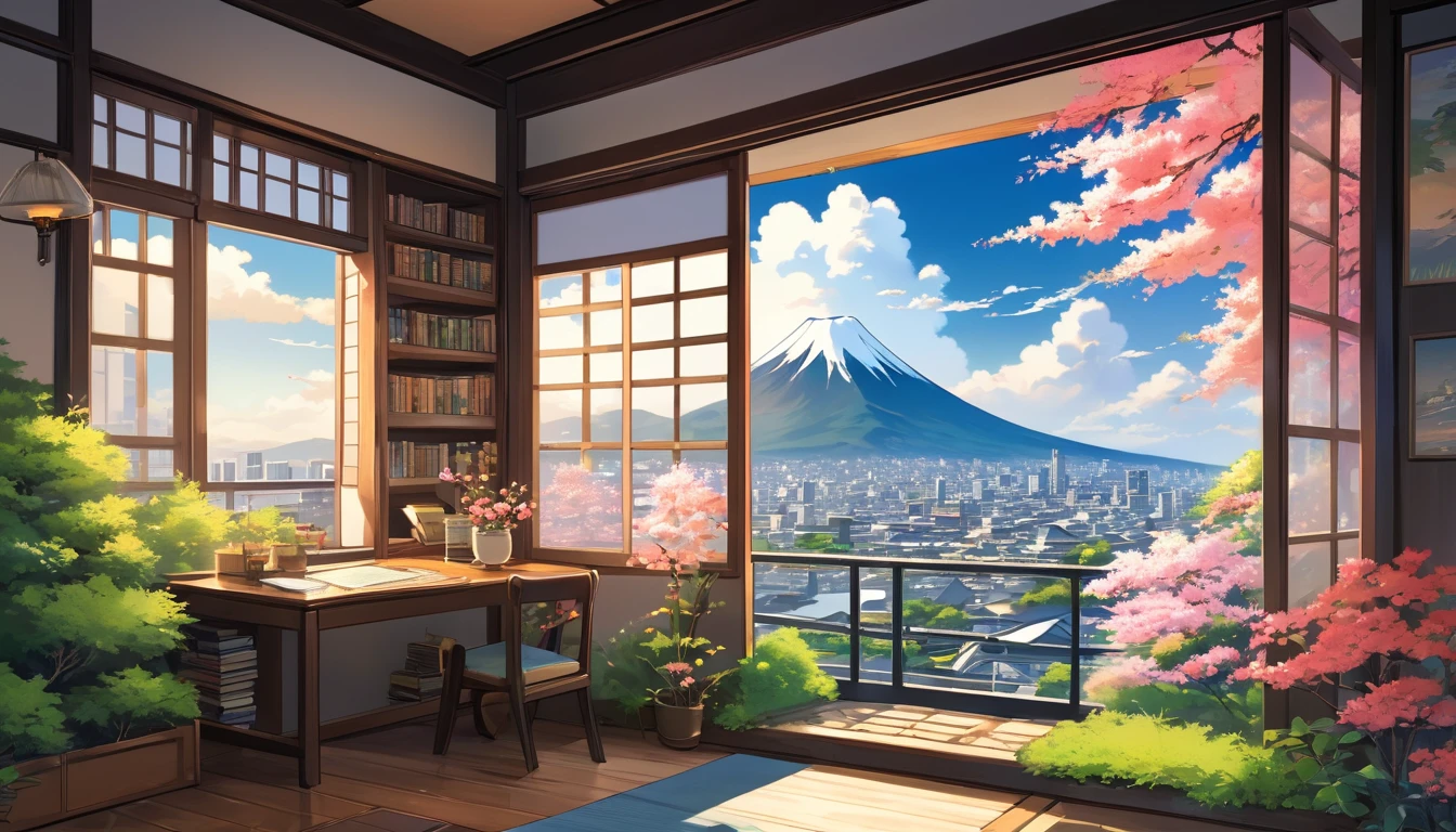 A window painting depicting a cityscape, Personal room background, Library Background, Japanese cartoons landscape, hd Japanese cartoons cityscape, Japanese cartoons / comics, Japanese cartoons nature wallpap, Japanese cartoons landscape wallpaper, Books and flowers, Japanese cartoons scenery, Fantasy Landscape Art, Japanese cartoons wallaper, Japanese cartoons background, beautiful Japanese cartoons art, makoto shinkai and (cain kuga), detailed Japanese cartoons art, 4k HD,, Beautiful art UHD 4K, A beautiful artistic illustration, Beautiful digital painting, Highly detailed digital painting, Beautiful digital artwork, Detailed painting 4k, Highly detailed digital painting, The colors are brilliant and rich, Gorgeous numbers