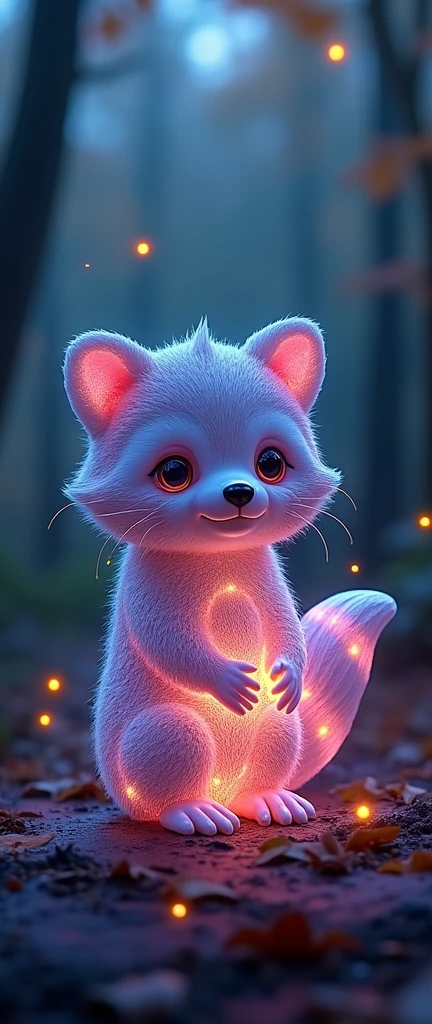 Intricate illuminated cute bioluminescent colorful extra fluffy baby realistic raccoon made of blown glass, small cute glowing FUR TAIL, breathtaking borderland fantasycore artwork, the scene is set on a surface that resembles the forest floor and the background is a mythical colorful forest., photo, 3d render, conceptual art, product