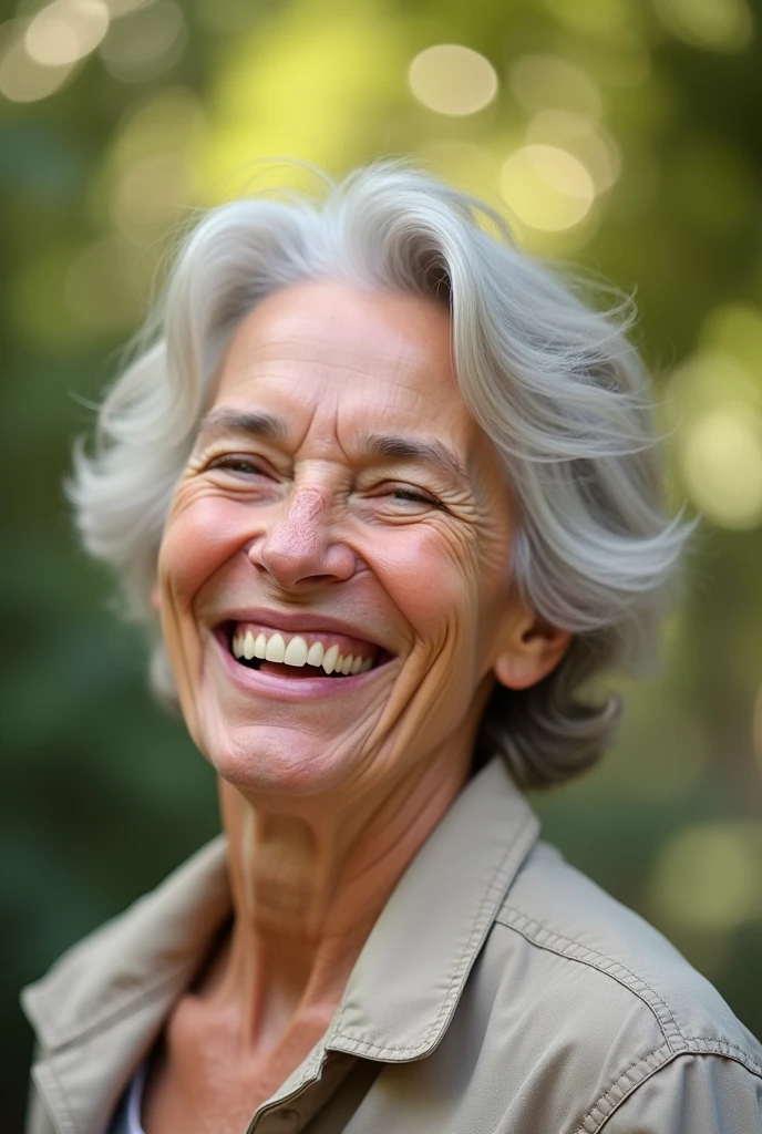 Create an image of a happy adult person highlighting their smile with a blurred background, enjoying life.