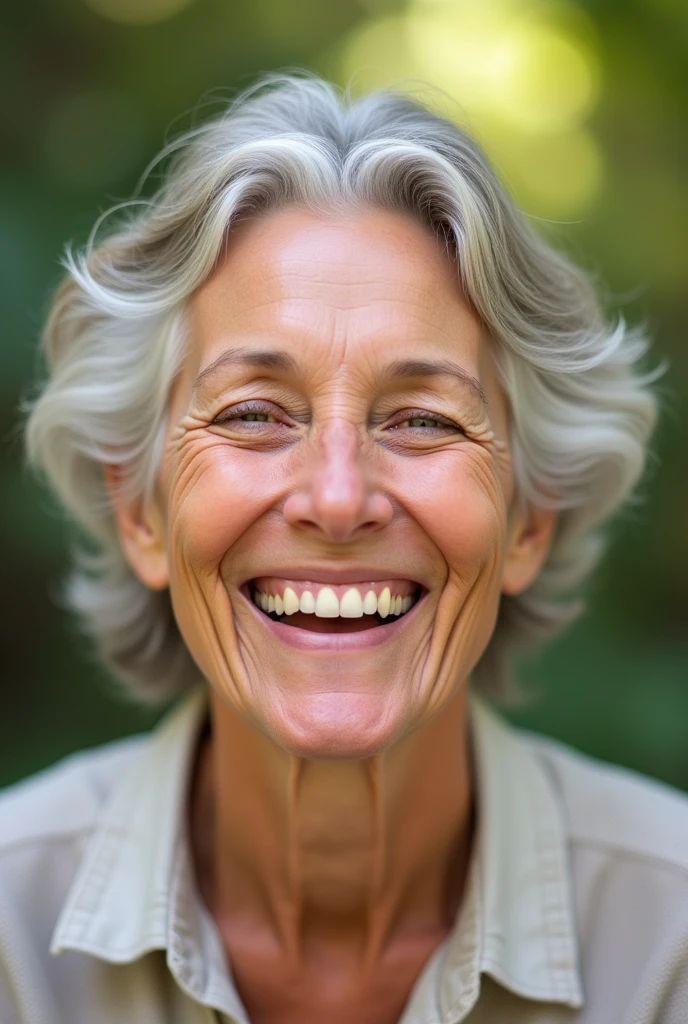 Create an image of a happy adult person highlighting their smile with a blurred background, enjoying life.