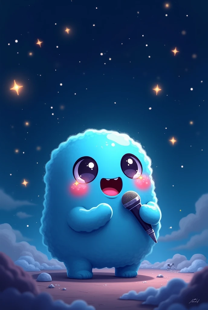 Blue chibi meatball with stars in its eyes. Who sings with a microphone under a starry sky 