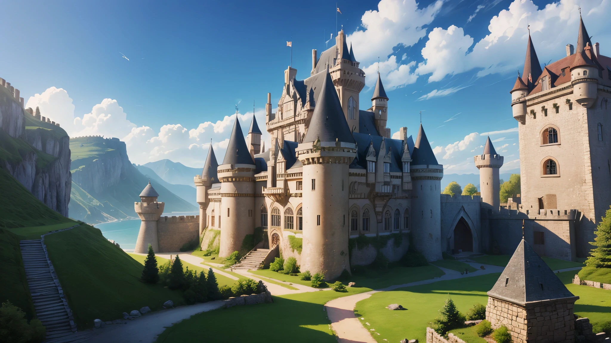 create for me the front of a medieval castle, a castle for the game, aknoid style, another very large castle