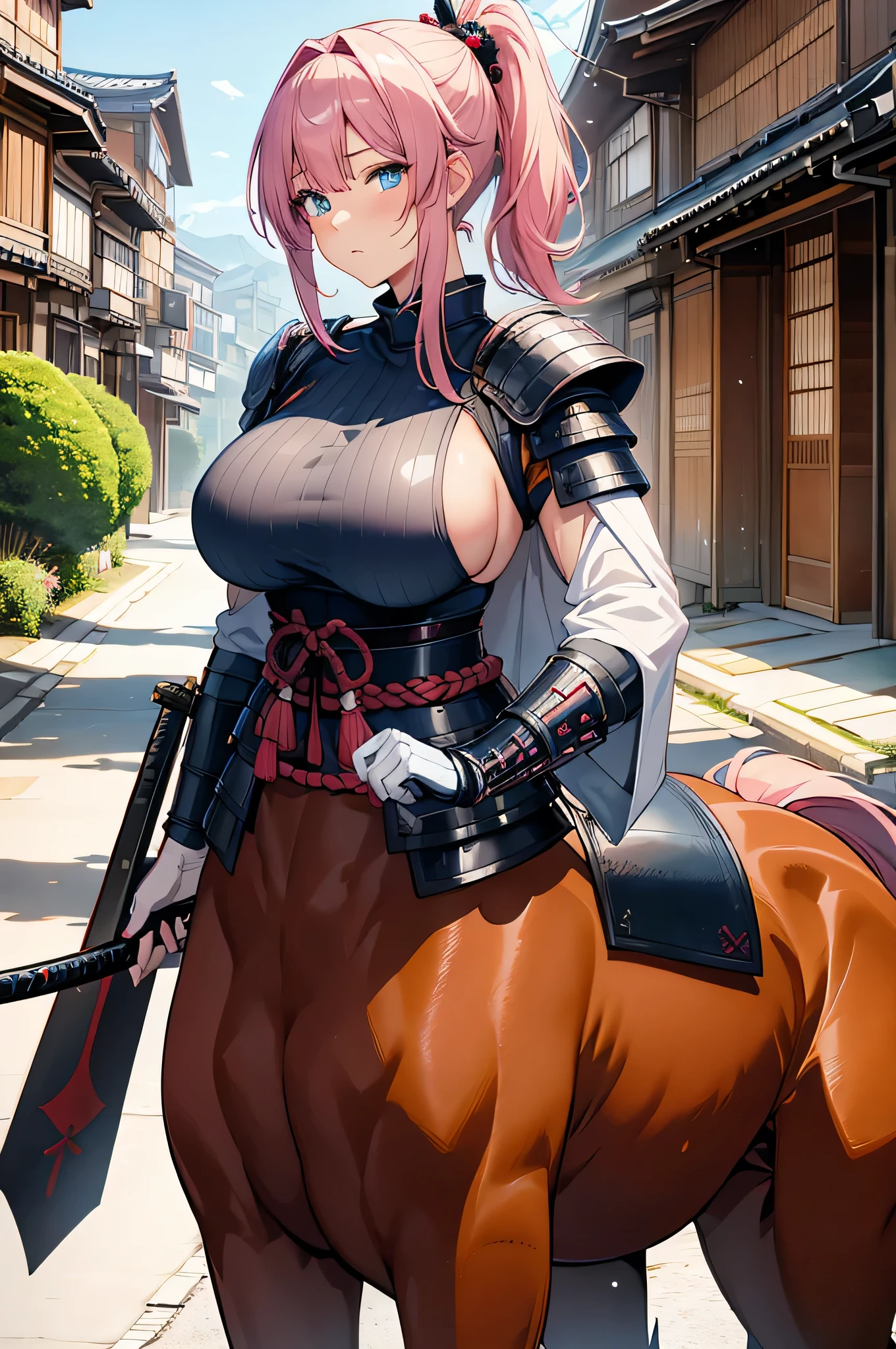 4K,High resolution,One Woman,centaur,Pink Hair,Long Ponytail,Blue eyes,Big Breasts,Brown fur,Samurai,白色のSamuraiの鎧,Sideboob,Well good,Full Armor,White gloves,hair band,Jewelry decoration,Japanese sword,Medieval town