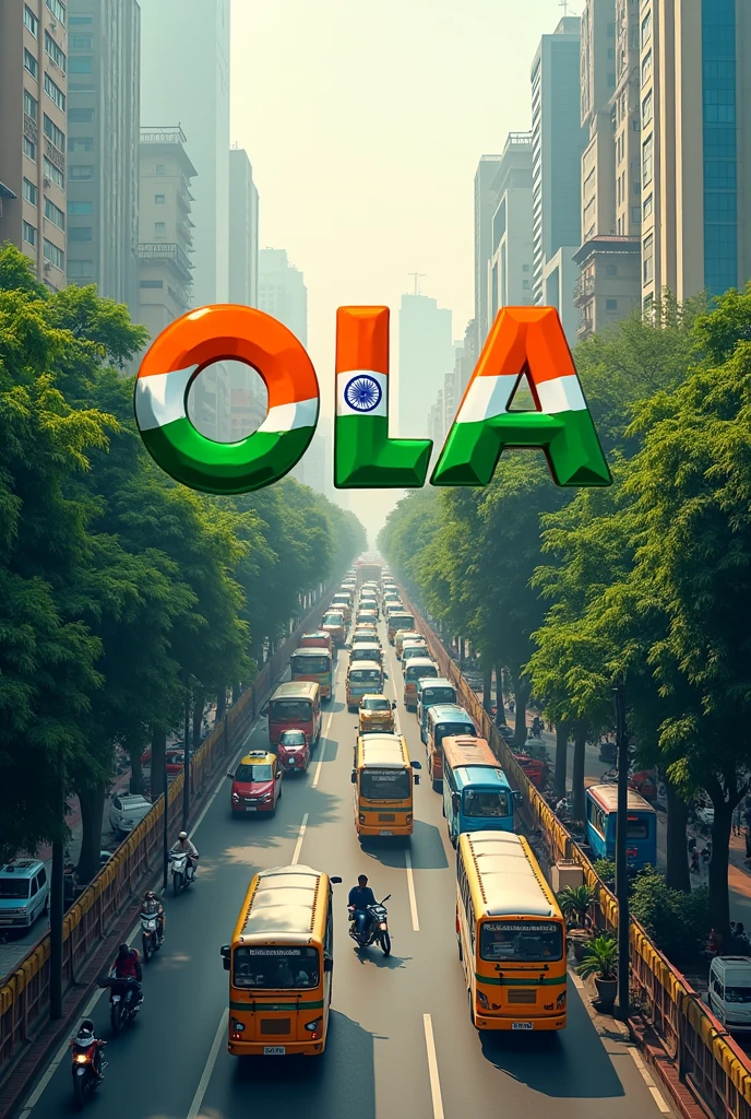 I need OLA captial letters logo India flag on it, with green trees, roads and scooters, city's buses, traffic