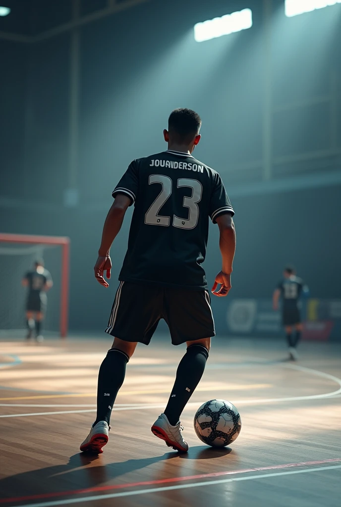 The player on a Futsal court with a black uniform with the number 23 and the name Joanderson on the shirt.