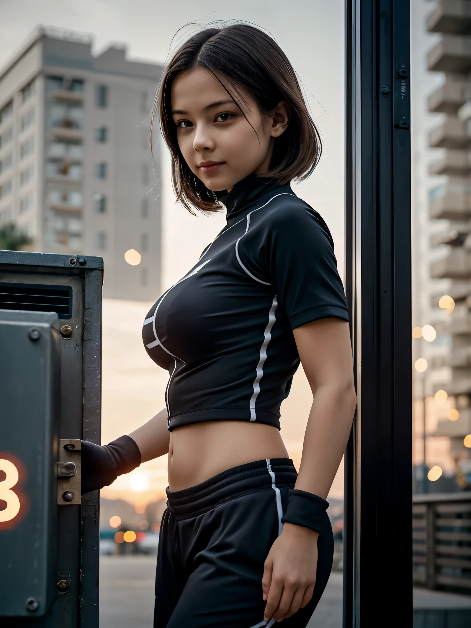 girl wearing techwear outfit, (cute:1.2), (breasts:1.2), detailed face, looking at viewer, realistic, photorealistic, electric box, sharp focus, pouring flare, friction, electrical jolt, blurry background, bokeh, lines of light, particles of light,