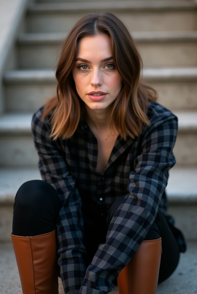 A full body picture of Sydney Sweeney, she has straight hair that come out from the side parting on one side only with slight makeup, she looks straight at the camera with brown eyes, taken as an Instagram picture, she wears dark leggings with long brown boots with a dark checkered shirt sitting on stairs outdoor