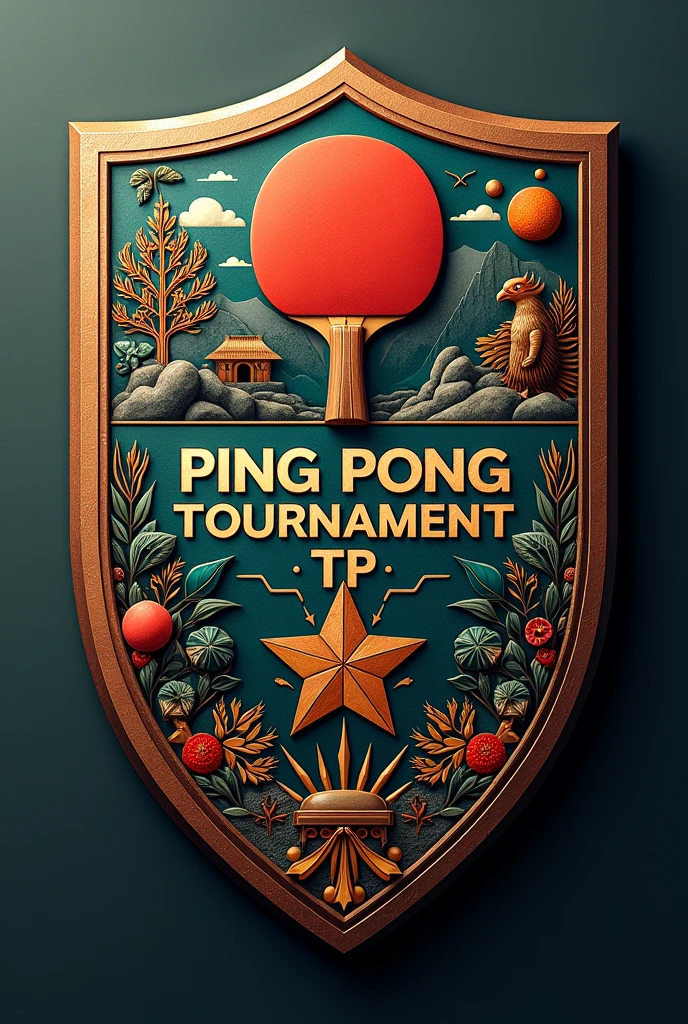 Create shield of "Ping Pong Tournament TP" inspirado en la Novena region de la araucania y que diga en el centro de Ping Pong Tournament TP
