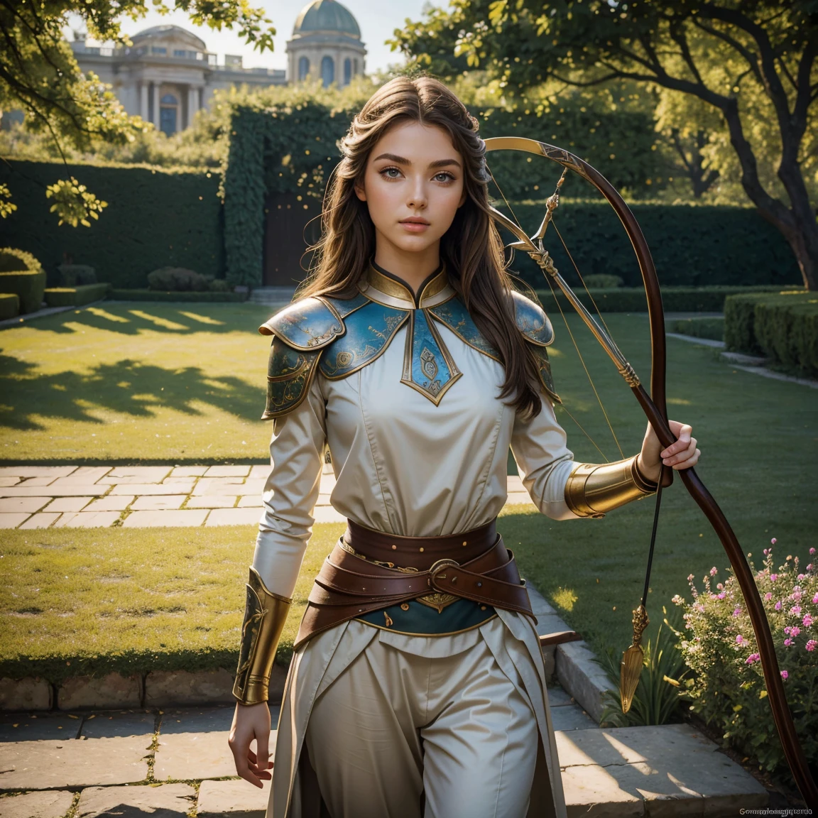 (Masterpiece artwork, best qualityer:1.5), highest quallity, high resolution, super verbose, realistic, Full body photo of a 22-year-old brunette warrior, detailed and beautiful eyes, beautiful detailed lips, very detailed eyes and face, long eyelashes, 22-year-old warrior in noble armor with long pants, Beautiful and colorful makeup, Bow and arrow guides, Gardens as a backdrop, soft daylight, shiny colors, fine brush strokes, Estilo Retrato, beautiful color palette, shining skin, First class rendering, that captures every detail, charming atmosphere, subtle shadows and lights, (Perfect Anatomia:1.2), (The dazzling 22-year-old archer warrior.  (magnificent panorama view:1.2)