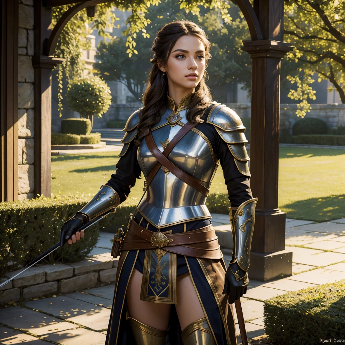 (Masterpiece artwork, best qualityer:1.5), highest quallity, high resolution, super verbose, realistic, Full body photo of a 22-year-old brunette warrior, detailed and beautiful eyes, beautiful detailed lips, very detailed eyes and face, long eyelashes, 22-year-old warrior in noble armor with long pants, Beautiful and colorful makeup, Bow and arrow guides, Gardens as a backdrop, soft daylight, shiny colors, fine brush strokes, Estilo Retrato, beautiful color palette, shining skin, First class rendering, that captures every detail, charming atmosphere, subtle shadows and lights, (Perfect Anatomia:1.2), (The dazzling 22-year-old archer warrior.  (magnificent panorama view:1.2)