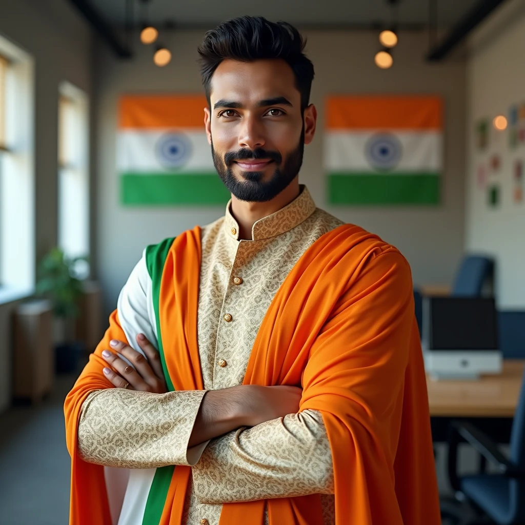 Portrait of A confident-looking indian prince, celebrating India's Independence day, wearing an Indian flag kurta pajama, digital marketing agency office background, bokeh, perfect composition, hyperrealistic, super detailed, 8k, high quality, trending art, trending on artstation, sharp focus, studio photo, intricate details, highly detailed