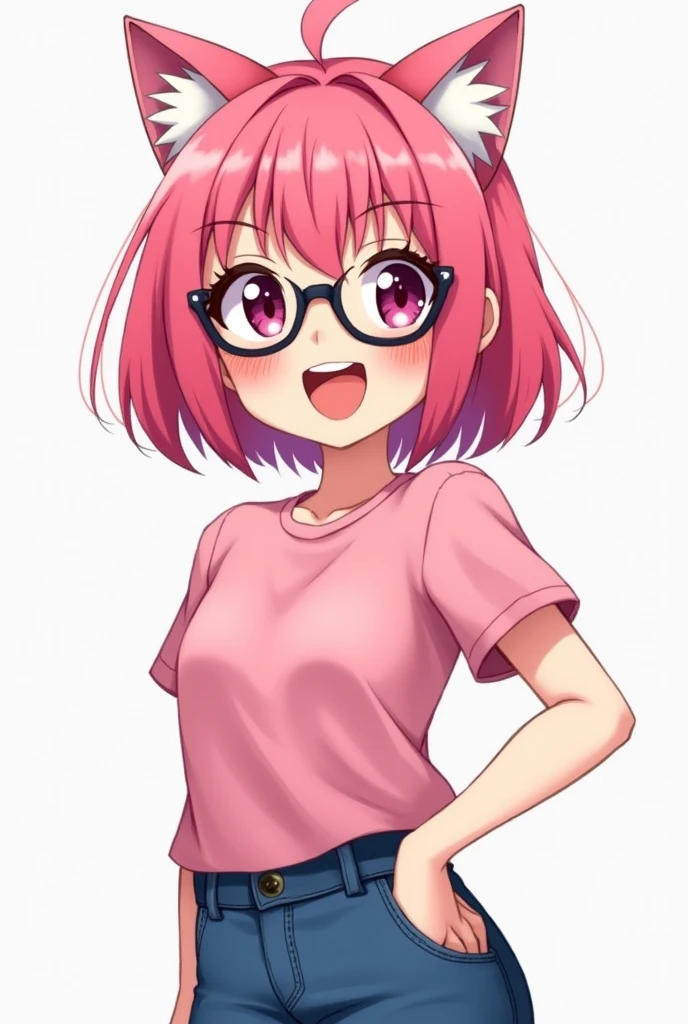 A girl with pink hair and pink cat ears with a big smile wearing black glasses, a pink shirt and jeans