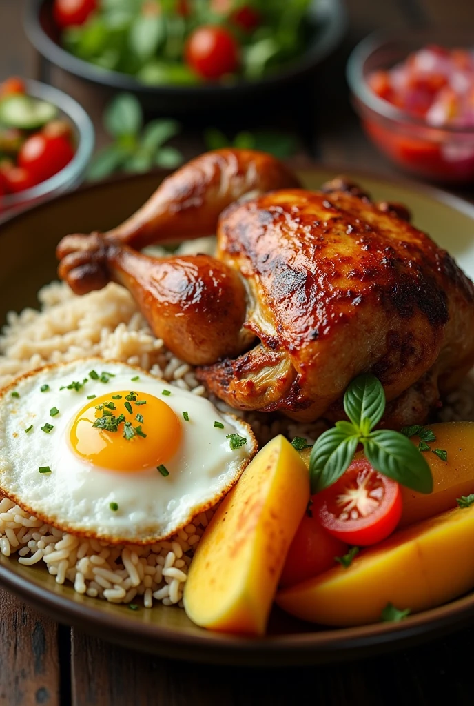 Food dish with roasted chicken, fried egg, rice, vegetable with squash, Colombian tomato and onion salad