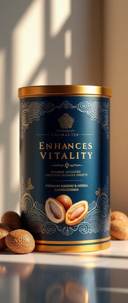 Create an image of a luxurious and eye-catching packaging design for a can of nutritional powder made from nuts, specifically targeting older adults. The packaging should highlight premium ingredients like oysters and ginseng, with elegant and sophisticated visuals. Use a rich color palette featuring deep gold, navy blue, and silver accents to convey a sense of luxury and wellness. The product name should be prominently displayed in an elegant font, along with key benefits like 'Enhances Vitality' and 'Premium Marine & Herbal Ingredients.' Include subtle, intricate patterns or metallic finishes to enhance the impression of high quality and exclusivity. The can should be set against a minimalistic, polished background that emphasizes the sophistication of the packaging.