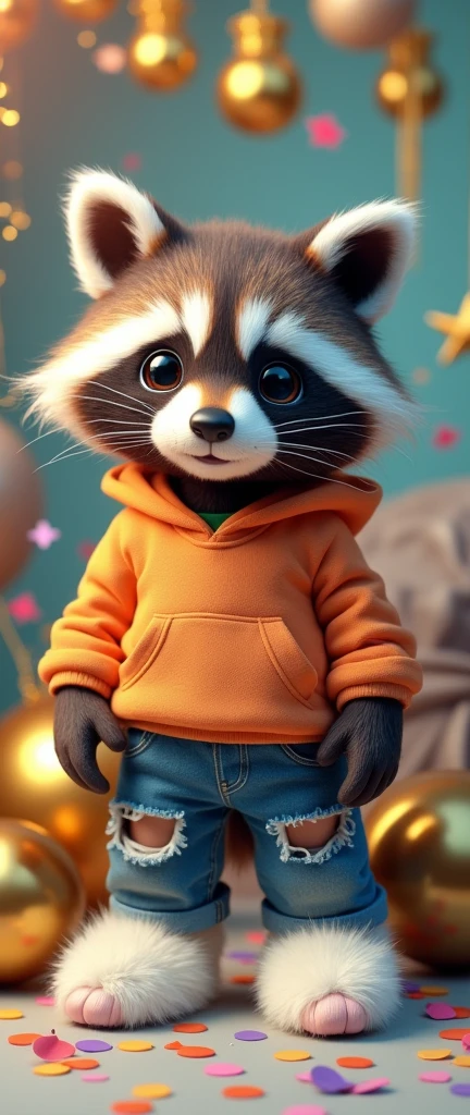 A captivating photograph of a cute extra fluffy baby realistic raccoon wearing a hoodie ripped jeans and fluffy neon WHITE slippers with big, expressive eyes. The background is adorned with hanging golden ornaments, some of which are spherical and others are star-shaped. There are also colorful confetti scattered around. The RACOON is positioned on a surface with a few decorative elements, a golden spherical object.neon., conceptual art, photo, 3d render