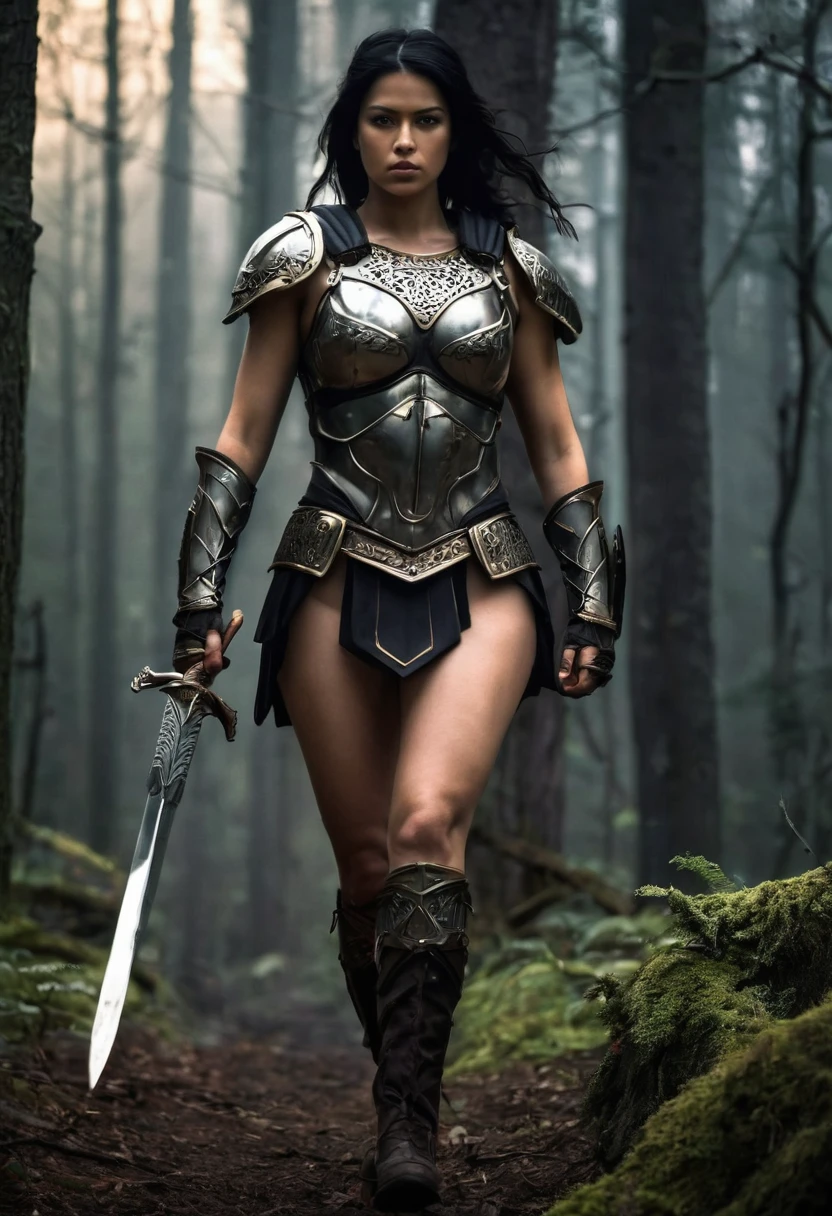 Generate a very detailed, Realistic image of a 1.Spartan warrior 9 meters tall with black hair., Walking with confidence and determination through a dark forest. She is wearing metal armor consisting of a short top that exposes her abdomen and a short skirt.. The scene should focus on a full body view of the warrior.. She has an angry expression. The forest is dark, Illuminated mainly by the flames of a burning tree behind her. The drawing should depict her walking with confidence and determination through the forest.. The medium must be digital.. (((big tits)))