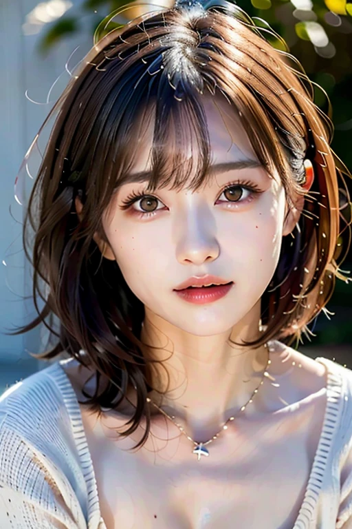 (table top,highest quality)), (photo-realistic:1.4),(((table top,8k)),white wall,(white room),((full body photo))),Photographed in natural light,Highly detailed face and skin texture,highly detailed lips,correct state of the human body,ultra high resolution,(Photoreal:1.4),highest quality, 1 beautiful woman, 38 years old, s, 60mm lens, light beige knit,(medium hair),japanese woman,(black hair),Various poses,looking at camera,natural lip color, necklace