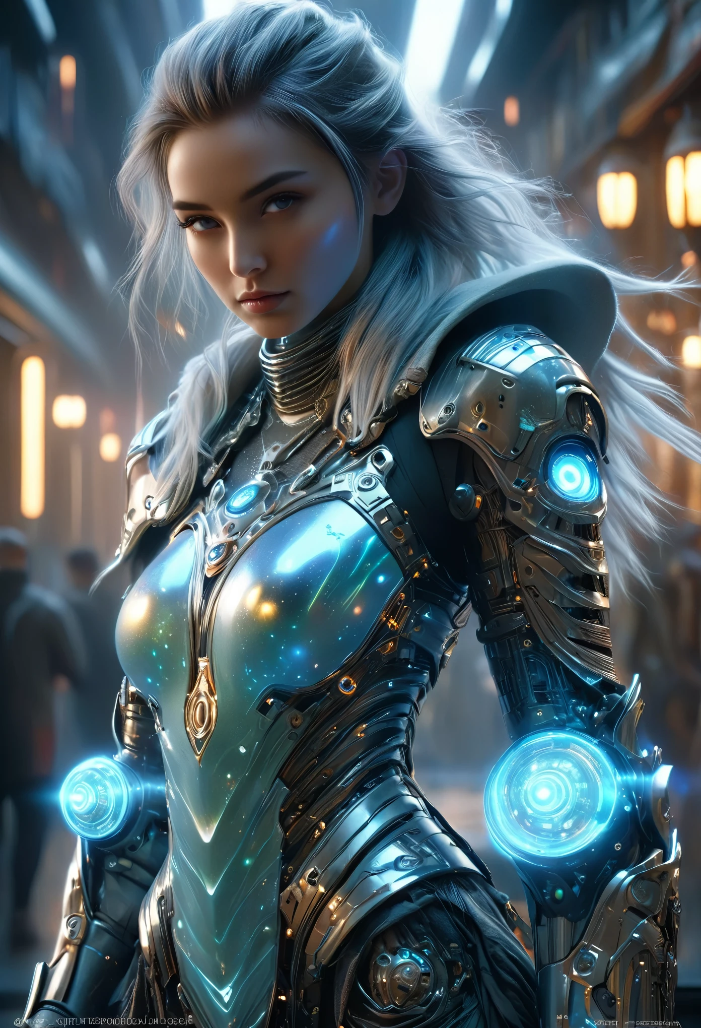 (Best Quality, 4K, 8K, High Resolution, Masterpiece: 1.2), (Super Detailed, Realistic, Photorealistic:1.37), A woman in futuristic clothing, (erotic and sexy:1.4), Trending on cgstation, Trending on cgstation, (Portrait of a girl in the Knights of the Zodiac:1.4), (blunt bangs:1.7), Cute Cyborg Girl, Perfect android girl, Portrait Astronaut Girl, Beautiful girl cyborg, Girl wearing pale blue iridescent mechanical cyber armor, Game CG, cgsociety and fenghua zhong, Beautiful Cyborg Shrine Maiden, Bioluminescence, (Gal Gadot:0.6), Anatomically correct grip, Anatomically correct four fingers and one thumb, (long claws:1.4), erotic and sexy, A gorgeous cape with beautifully detailed embroidery, energy ball