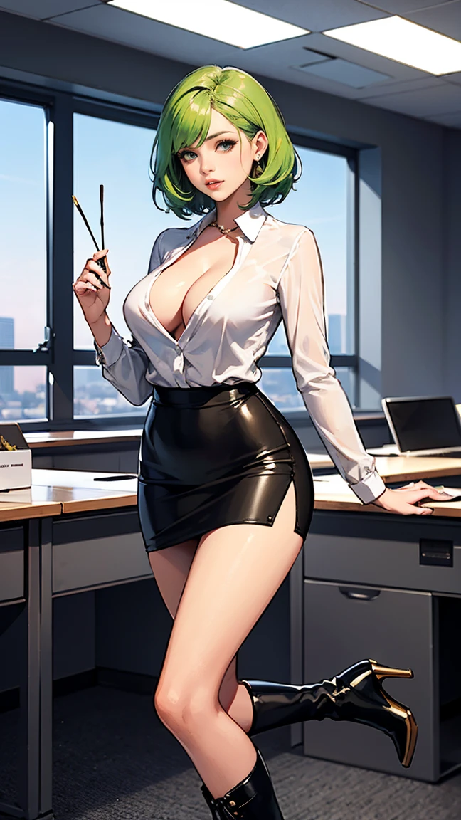 [Vin] a beautiful-looking girl, human, female, 25, short green hair, slim and curvaceous figure, wearing a sexy office suite, micro skirt and high heeled boots