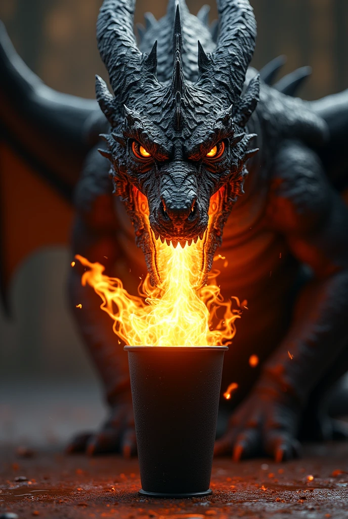 A black dragon breathing fire out of its mouth surrounding a 700 ml black Drinks cup